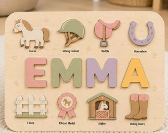 Personalized Wooden Name Puzzle for Kids, Horse Theme Montessori Toy, Custom Baby Girl Gift, Equestrian Nursery Decor, First Birthday Gift
