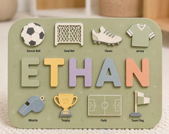 Personalized Wooden Name Puzzle for Kids, Soccer Sports Theme Montessori Toy, Custom Boys Learning Gift, Football Nursery Decor