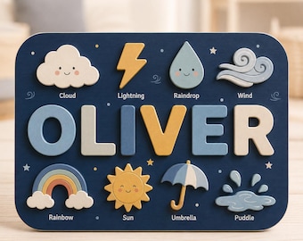 Personalized Weather Name Puzzle, Custom Wooden Name Puzzle, Weather Montessori Toy, Rain Cloud Learning Toy, Toddler Nursery Gift