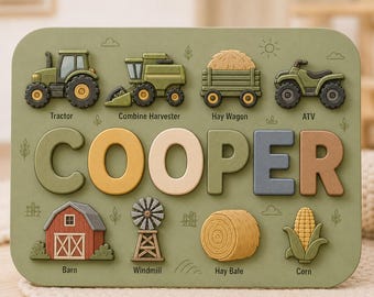 Farm Name Puzzle, Personalized Wooden Name Puzzle, Farm Vehicles Montessori Toy, Custom Baby Name Gift, Toddler Farm Puzzle