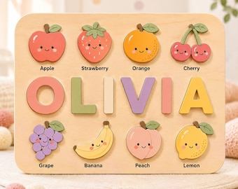 Fruit Wooden Name Puzzle, Custom OLIVIA Name Sign, Montessori Baby Nursery Decor, Personalized Baby Gift, Kids Room Wall Art