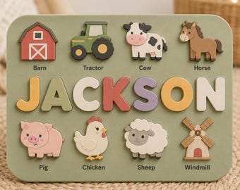 Personalized Farm Name Puzzle, Custom Wooden Name Puzzle, Farm Animals Montessori Toy, Barn Tractor Baby Gift
