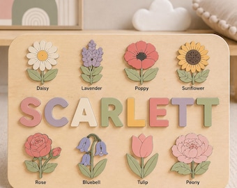 Floral Wooden Name Puzzle, Custom Baby Name Sign, Montessori Nursery Decor, Personalized Baby Girl Gift, Pastel Flower Wall Decor