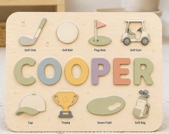 Personalized Wooden Name Puzzle for Kids, Golf Theme Montessori Toy, Custom Baby Boy Gift, Sports Nursery Decor, First Birthday Present