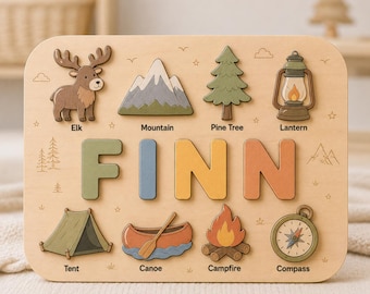 Personalized Camping Name Puzzle | Woodland Adventure Puzzle | Custom Wooden Name Puzzle | Montessori Toddler Gift