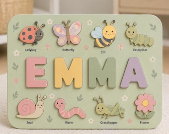 Personalized Insect Name Puzzle, Custom Wooden Bug Puzzle, Montessori Toddler Toy, Nature Learning Gift, Woodland Nursery Decor
