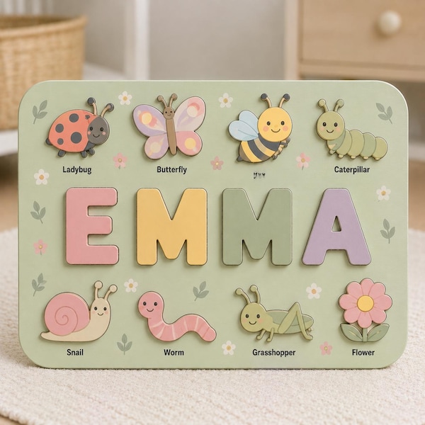 Personalized Insect Name Puzzle, Custom Wooden Bug Puzzle, Montessori Toddler Toy, Nature Learning Gift, Woodland Nursery Decor