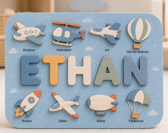 Personalized Airplane Name Puzzle | Aviation Wooden Name Puzzle | Custom Vehicle Puzzle | Montessori Toddler Gift