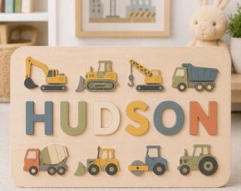 Personalized Wooden Name Puzzle | Construction Vehicle Montessori Toy | Excavator Truck Bulldozer Crane Baby Gift Nursery Decor