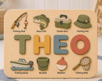 Personalized Fishing Name Puzzle, Custom Wooden Name Puzzle, Fishing Montessori Toy, Little Angler Baby Gift, Outdoor Nursery Decor