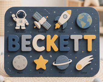 Personalized Space Name Puzzle | Astronaut Rocket Wooden Name Puzzle | Custom Toddler Puzzle | Montessori Baby Gift