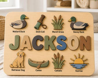 Duck Hunting Wooden Name Puzzle, Personalized Outdoor Adventure Montessori Toy, Custom Name Board, Nature Theme Kids Gift, Boy Birthday Gift