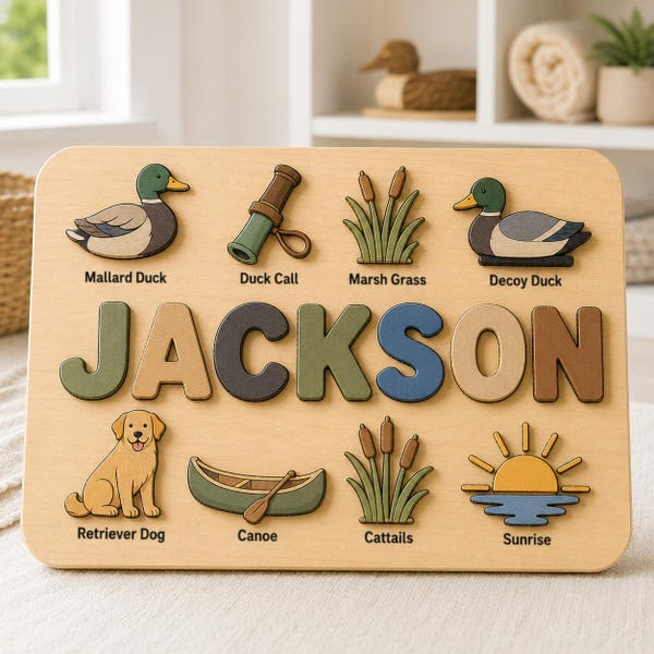 Duck Hunting Wooden Name Puzzle, Personalized Outdoor Adventure Montessori Toy, Custom Name Board, Nature Theme Kids Gift, Boy Birthday Gift