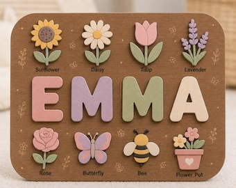 Personalized Flower Name Puzzle | Floral Wooden Name Puzzle | Custom Girl Name Puzzle | Montessori Toddler Gift