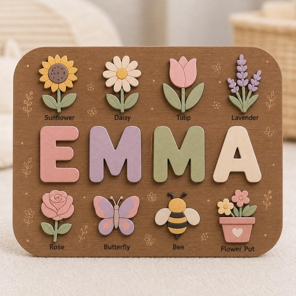 Rompecabezas personalizado con nombre de flor / Rompecabezas de madera floral con nombre / Rompecabezas personalizado con nombre de niña / Regalo Montessori para niños pequeños