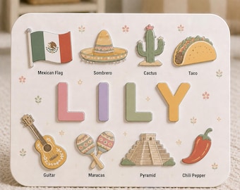 Personalized Mexico Name Puzzle, Custom Mexican Wooden Puzzle, Montessori Toddler Toy, Mexico Nursery Decor, Travel Gift for Kids