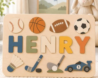 Sports Theme Wooden Name Puzzle Board, Custom Kids Sports Wall Decor, Personalized Nursery Gift for Boys, Educational Montessori Toy