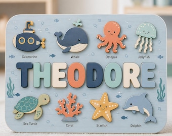 Personalized Ocean Name Puzzle, Custom Wooden Name Puzzle, Sea Creature Puzzle, Montessori Toddler Toy, Baby Name Gift, Nursery Decor