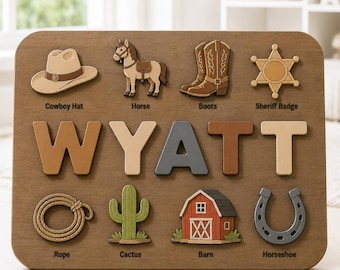 Cowboy Wooden Name Puzzle, Personalized Western Theme Toy, Custom Cowboy Name Board, Ranch Nursery Decor, Montessori Gift for Boys