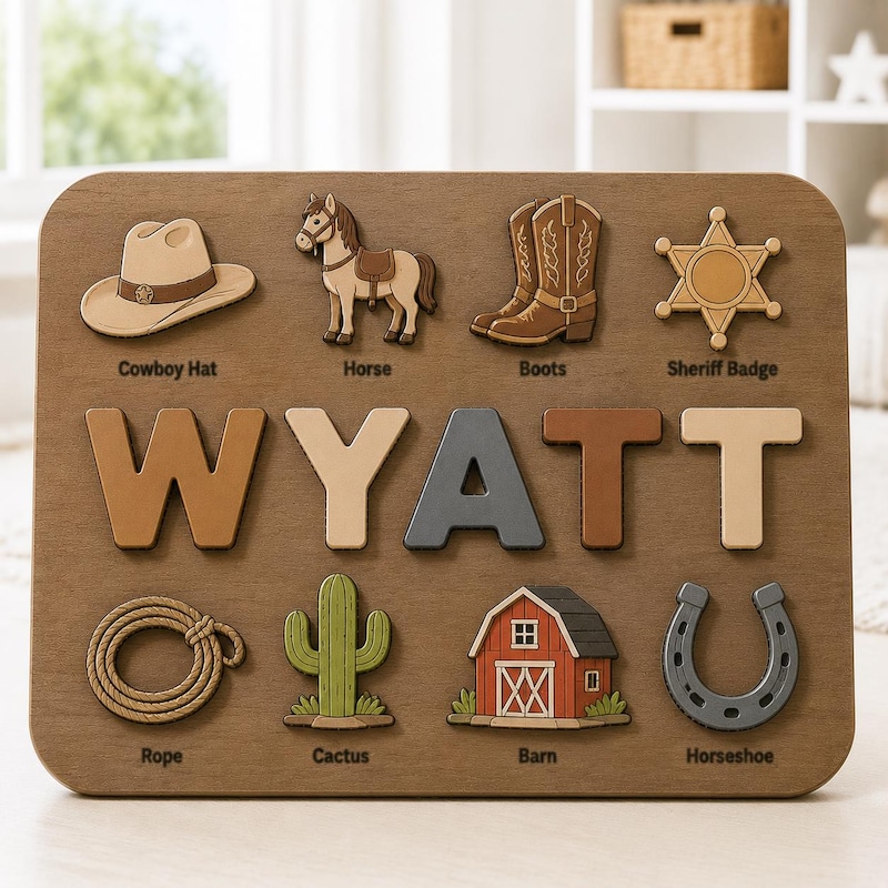 Cowboy Wooden Name Puzzle, Personalized Western Theme Toy, Custom Cowboy Name Board, Ranch Nursery Decor, Montessori Gift For Boys