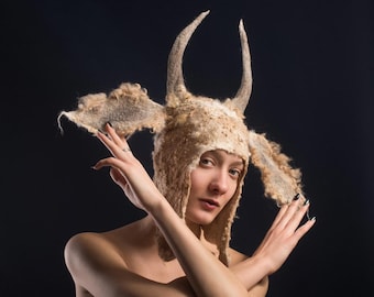Art Fantasy felted hat Kids & Adults-with horns and ears-Birthday LARP Costume Carnival Party-Made To Order