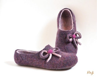 Felted slippers - lilac mix - bows - ribbon