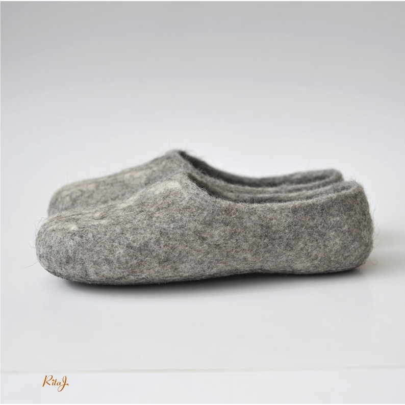 Handmade eco friendly felted slippers from natural wool grey