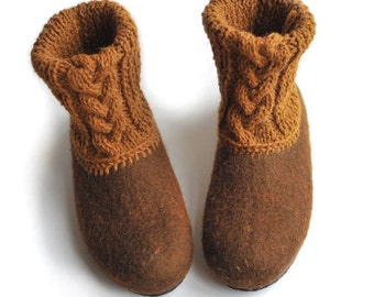 Felted slippers with rubber soles- house shoes - brown