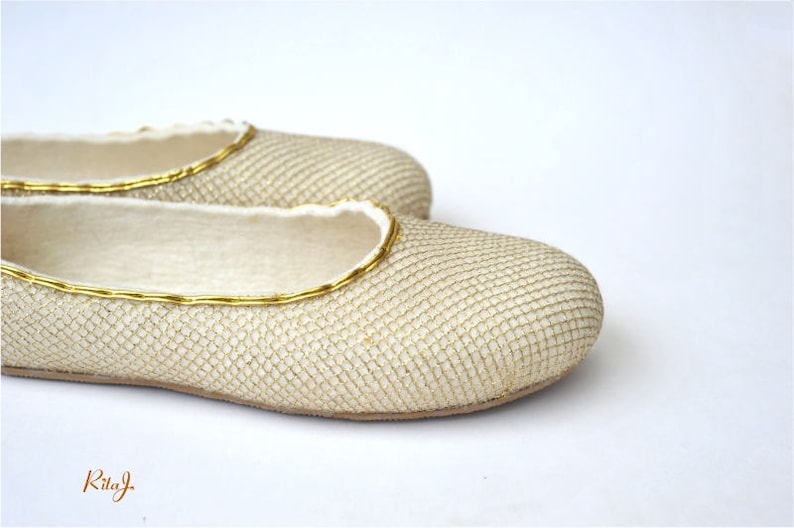 Handmade white softest merino wool felted slippers with gold net decoration 7-7.5 US women size Ready to ship image 2