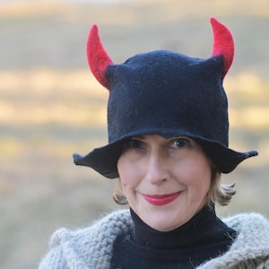 Felted Devil Hat with Red Horns , Handmade from Pure merino Wool, Festival, Cosplay, Sauna, Valentine, Fun Gift