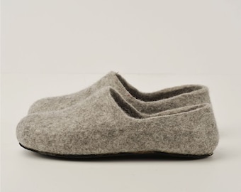 Handmade eco friendly felted slippers from natural wool - grey-rubber soles