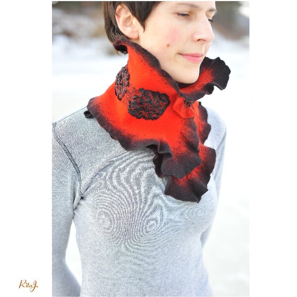 Handmade felted shawl black and red, felted from softest merino wool