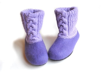 Felted slippers with rubber soles- house shoes - lilac