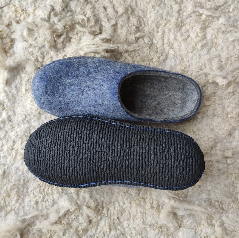 Handmade wool felted house shoes with Coutchouc soles mens slippers organic wool gray blue slippers mens shoes image 4