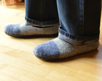 Handmade wool felted house shoes  with rubber soles - mens slippers - organic wool - gray blue slippers - mens shoes