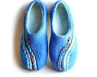 Felted slippers - women - handmade -blue -  felted house shoes