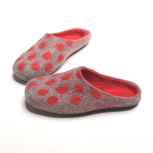 Handmade  wool felted slippers  - red polka dot