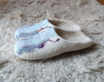 Felted slippers from natural white wool- shiny - ready to ship - 8 US women