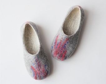 Handmade wool felted slippers with soles - light grey