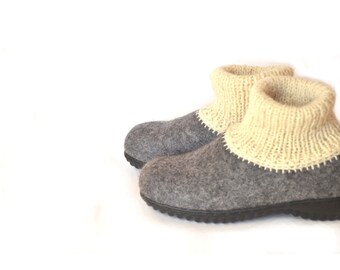 Handmade grey wool felted slippers with rubber soles