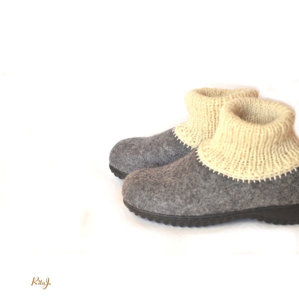 Handmade grey wool felted slippers with rubber soles