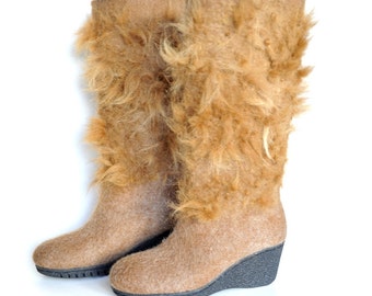 Felted boots from natural softest merino and alpaca wool- 8 US women size - with zipper