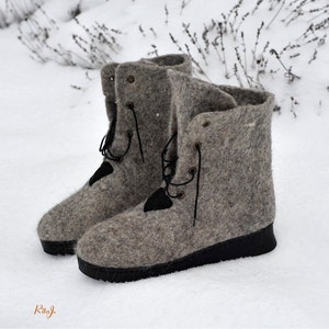 Grey felt boots with rubber soles, eco friendly, natural wool.