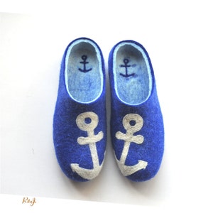 Men's felted slippers - blue - white - anchor