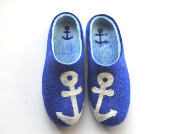 Men's felted slippers - blue - white - anchor