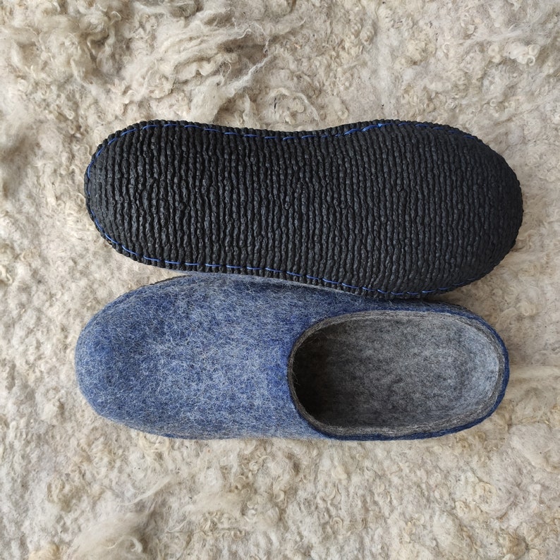 Handmade wool felted house shoes with Coutchouc soles mens slippers organic wool gray blue slippers mens shoes image 6