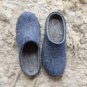 Handmade wool felted house shoes with Coutchouc soles mens slippers organic wool gray blue slippers mens shoes image 1