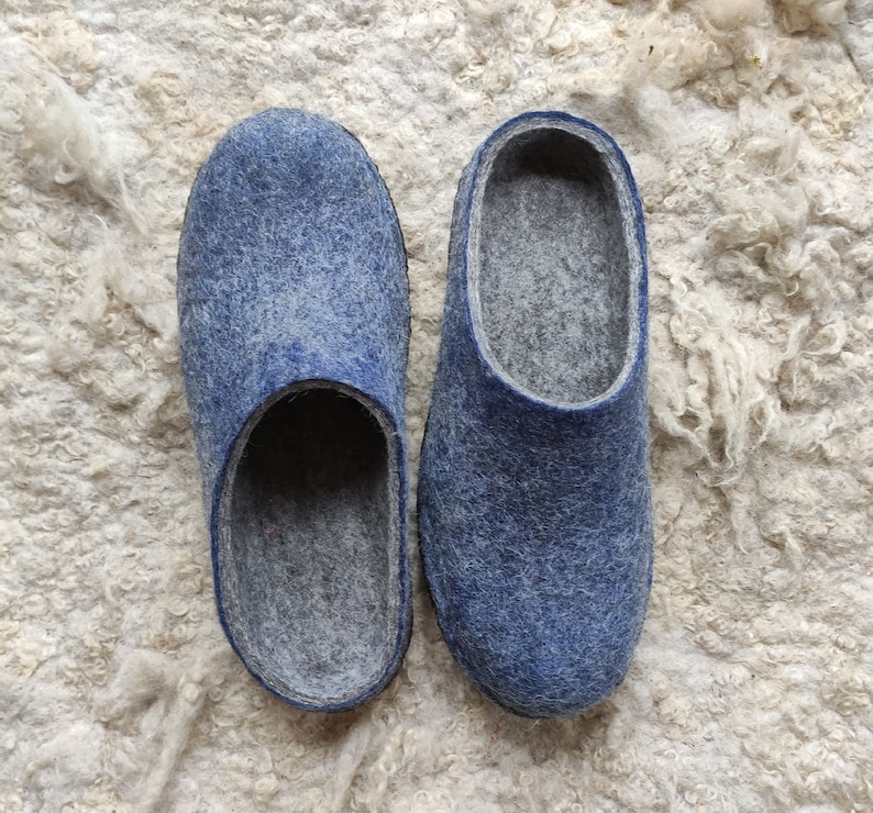 Handmade wool felted house shoes with Coutchouc soles mens slippers organic wool gray blue slippers mens shoes image 1