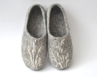 Handmade eco friendly felted slippers from natural wool - grey