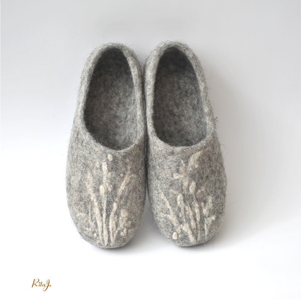 Handmade eco friendly felted slippers from natural wool - grey